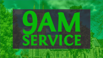 Large green text reads 9am service on a dark background with an image of St Thomas behind.
