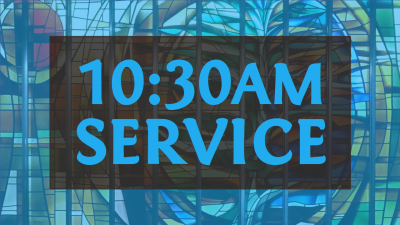 Large blue text reads 10:30am service on a dark background with an image of St Andrew behind.