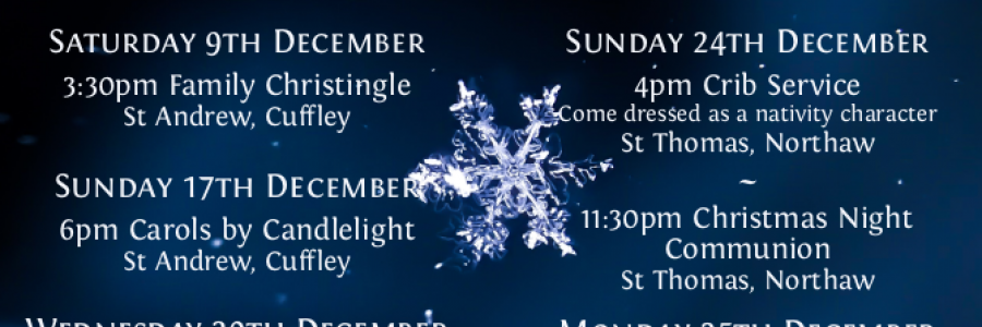 Image has the title Christmas, Good News of Great Joy.  There is a single pale blue star on a dark blue background, surrounded by the Christmas services in the parish.